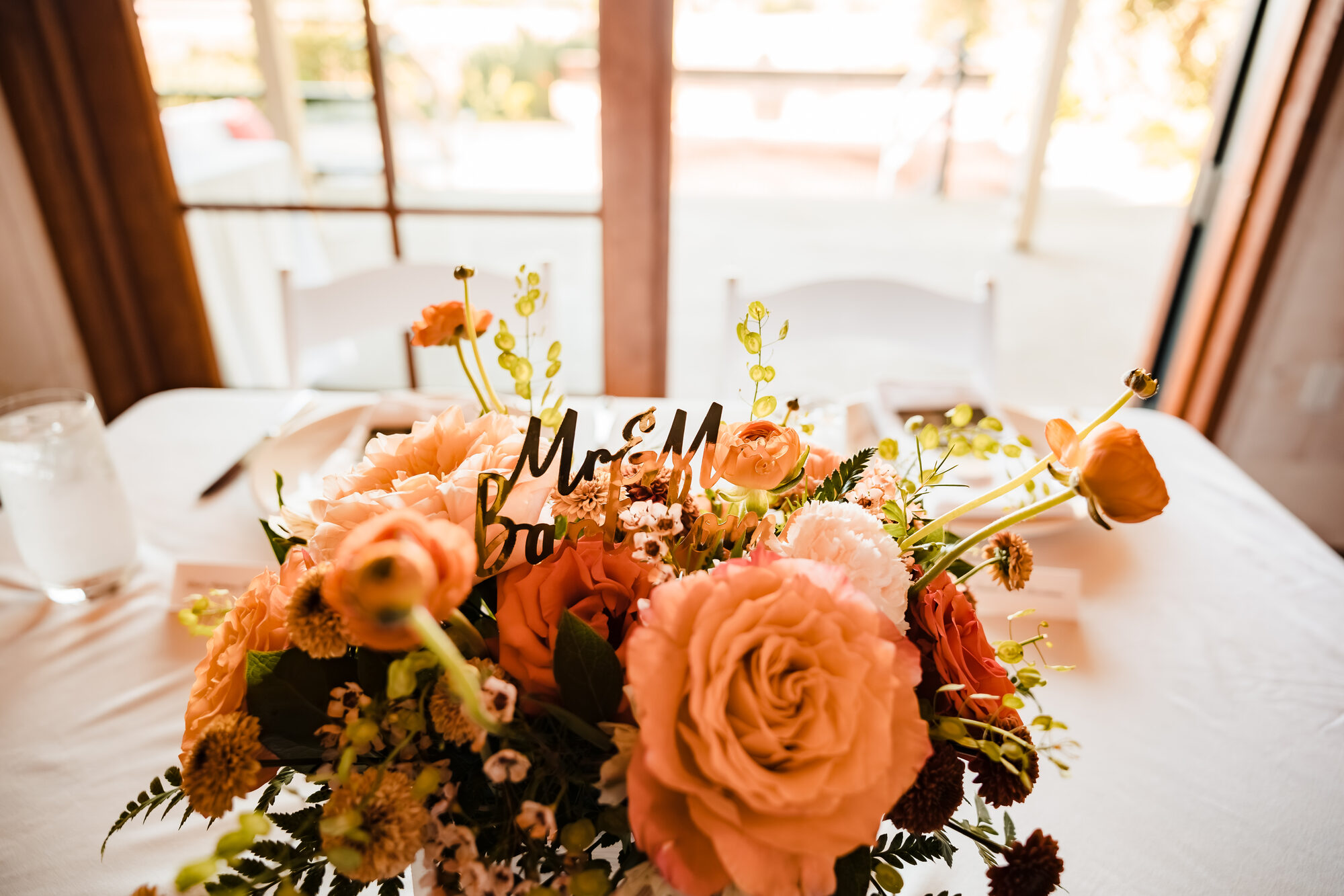 Reception centerpiece detail with the couple's initials at Park Winters
