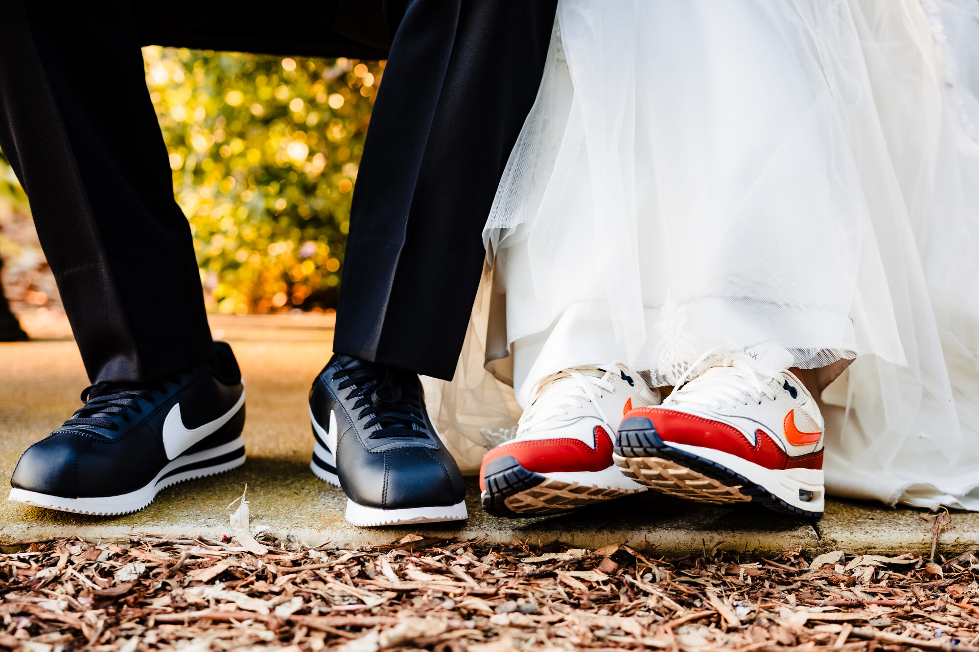 Detail of the bride and groom's sneakers at golden hour, Park Winters