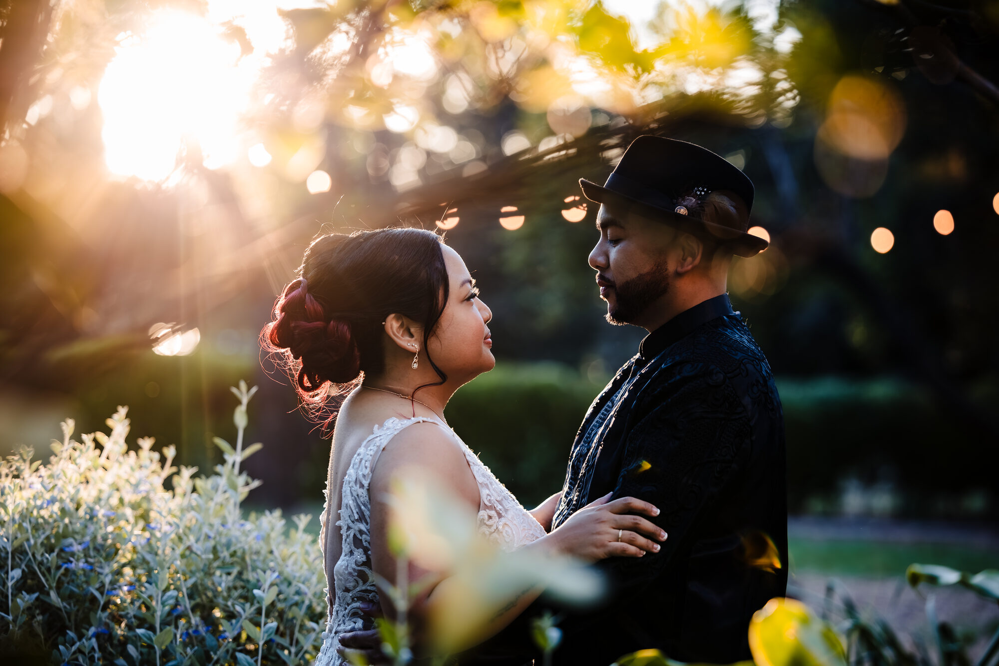 Bride and groom in a quiet embrace at golden hour, Park Winters