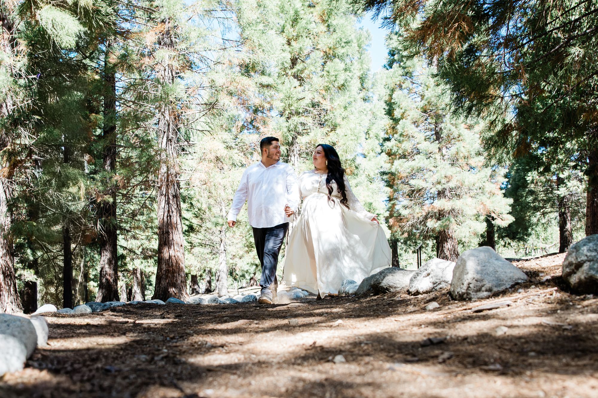 Engaged couple walking hand in hand through a pine forest in Oak Glen, California