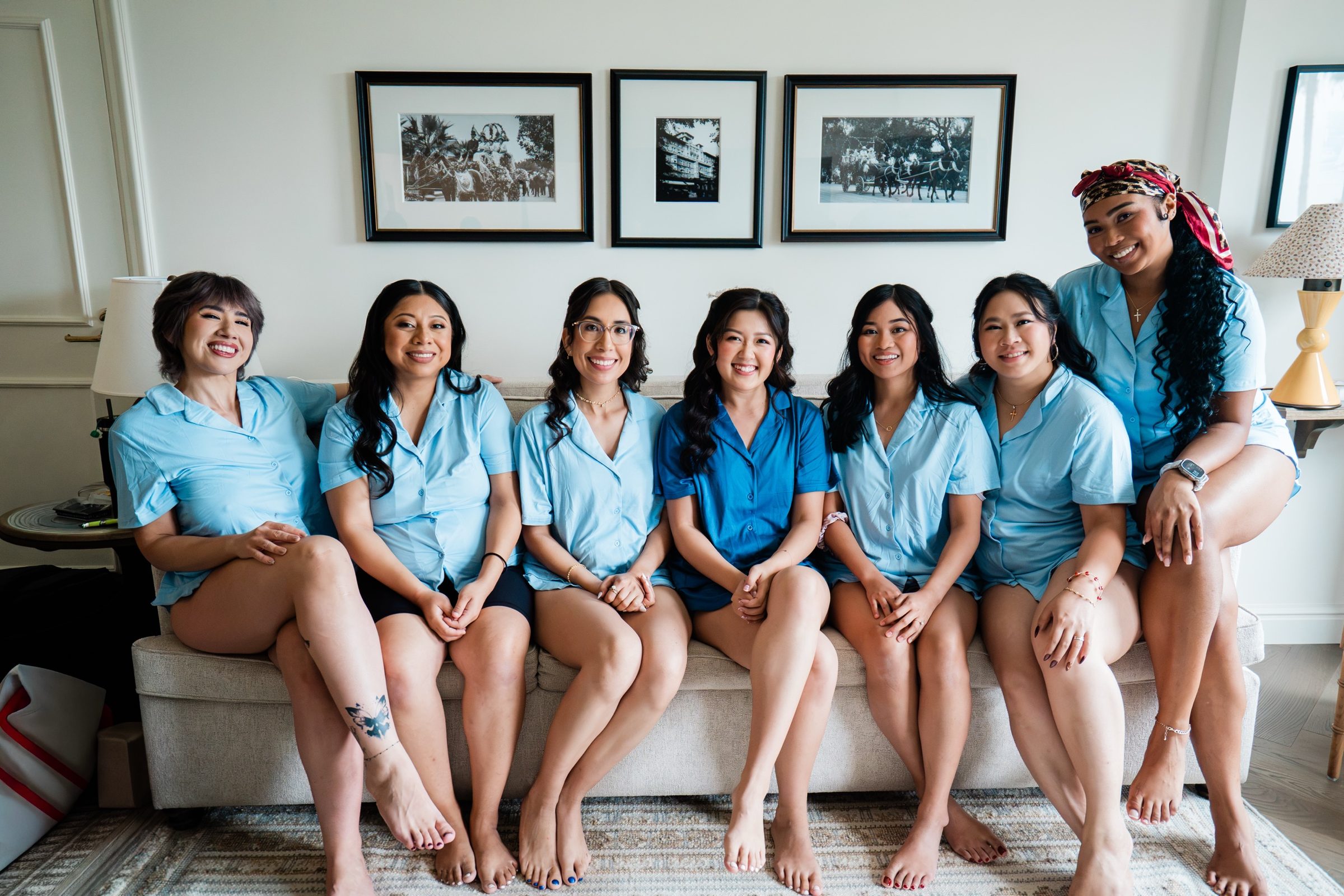 The bridesmaids in matching blue pajamas at the Langham Huntington