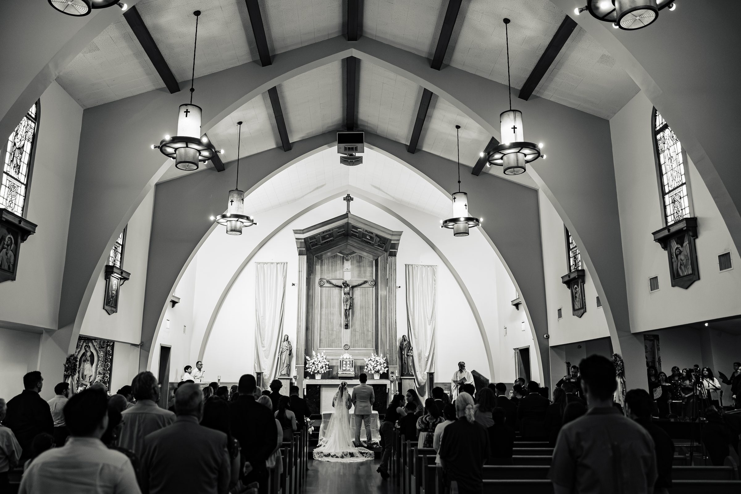 Black and white wide view of the sanctuary at Saint Anne's