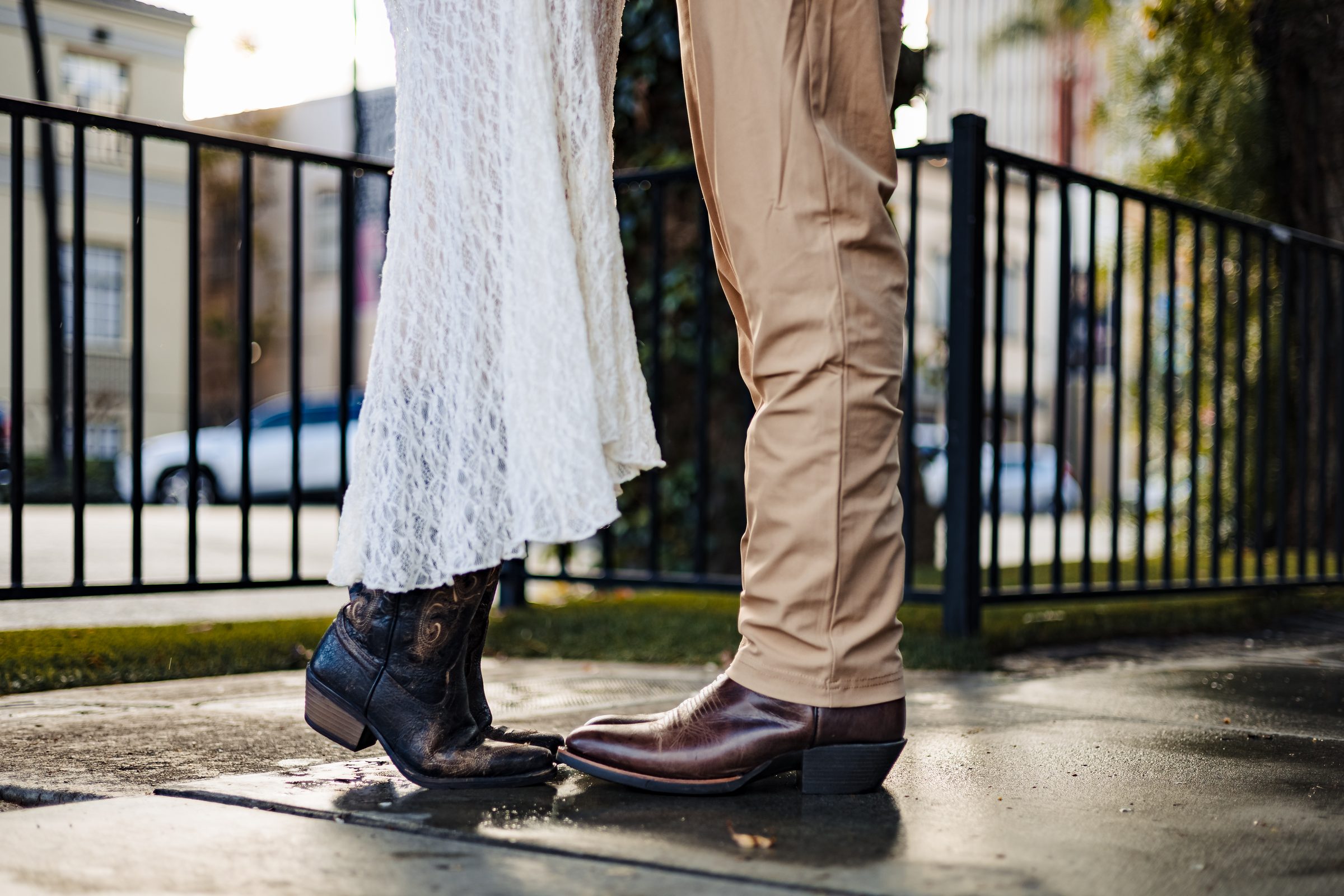 Boots on wet pavement after the rain, Riverside engagement session