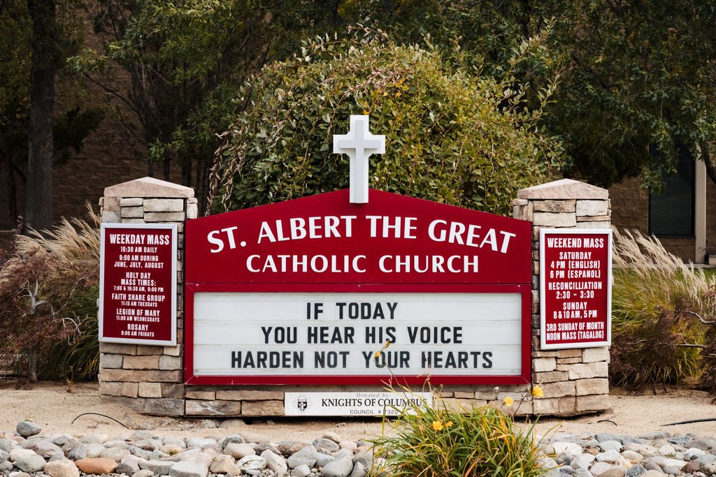The St. Albert the Great Catholic Church sign in Reno, Nevada