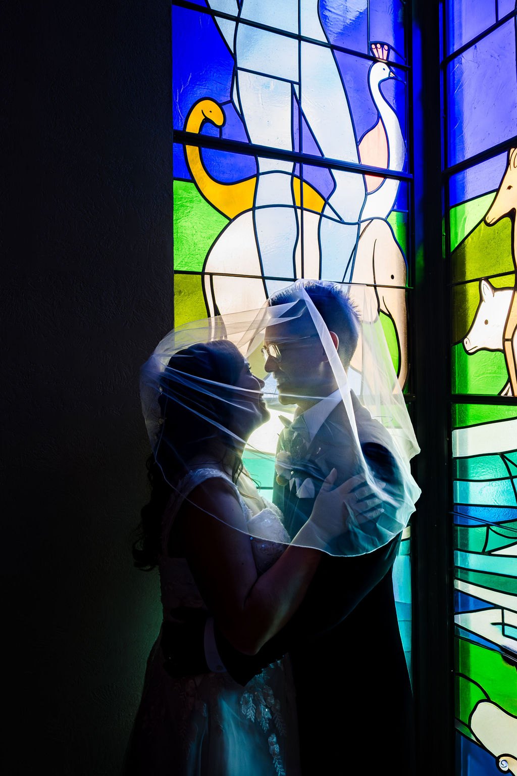Vincent and Ginger silhouetted against the stained glass window